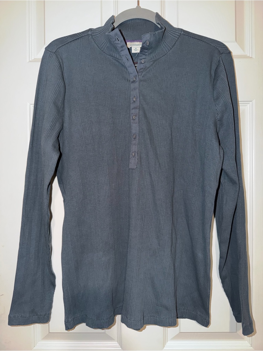 Sundance Gray-Blue‎ Ribbed Henley Long-Sleeve Shirt Boho Minimalist Top NWOT